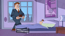 a cartoon of a man holding a piece of chocolate cake standing next to a bed