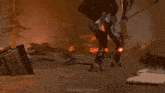 a robot with red eyes is flying in front of a helicopter with the sun in the background .