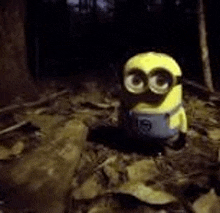 a stuffed minion is sitting on a pile of leaves in a dark forest .