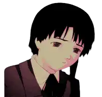 a pixel art of a girl with black hair and a white shirt