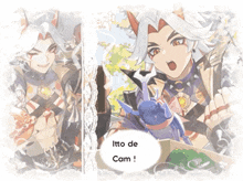 a drawing of a man with horns and the words itto de cam on the bottom