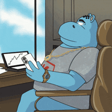 a cartoon of a hippo wearing a watch looking at a graph