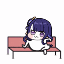 a cartoon of a girl sitting on a bench with purple hair .