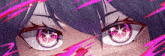 a close up of a girl 's eyes with purple and pink lines around them