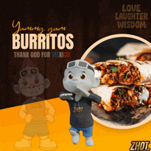 an advertisement for burritos with a monkey and a picture of burritos