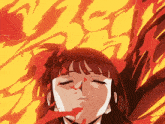a cartoon drawing of a girl with her eyes closed surrounded by flames