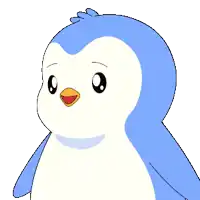 a blue and white penguin with its pink tongue sticking out