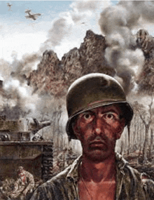 a painting of a soldier wearing a helmet in a battle scene
