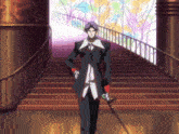 a man in a suit stands on a set of stairs holding a cane