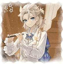 a boy with white hair and blue eyes is holding a flute in his hand .