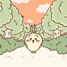 a cartoon rabbit is standing in a park surrounded by trees and bushes