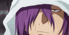 a close up of a person 's face with purple hair and a white towel on their head .
