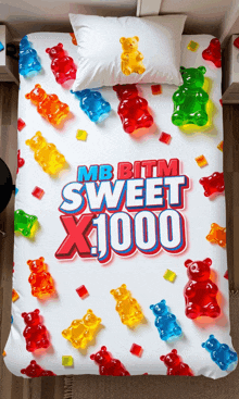 a bedspread with gummy bears and the words mb bitm sweet x1000