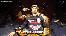 a wrestler with the name ethan page on the front of his jacket