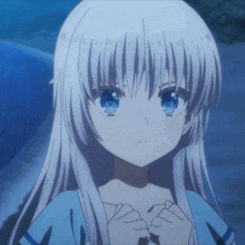 a girl with white hair and blue eyes is looking at something