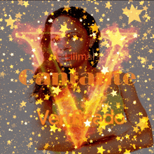 a picture of a woman surrounded by stars with the words cantate written in orange letters