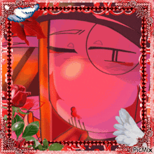 a picture of a woman 's face in a red frame with picmix written on the bottom right corner