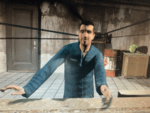 a man in a blue shirt is standing in front of a wall with a sign that says ' a ' on it