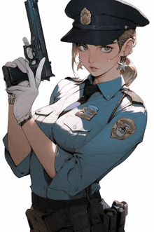 a woman in a police uniform is holding a gun and has a patch on her shoulder that says " police "