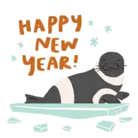 a seal laying on a piece of ice with the words happy new year below it