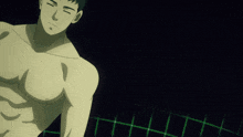 a man without a shirt is standing in the dark with a green object behind him