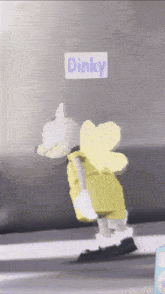 a cartoon character is standing next to a sign that says dinky on it