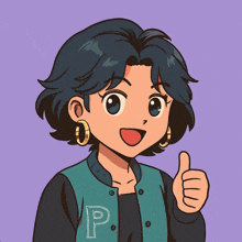 a cartoon girl with the letter p on her jacket is giving a thumbs up
