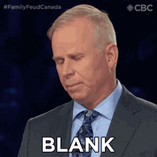 a man in a suit and tie with the word blank on his face