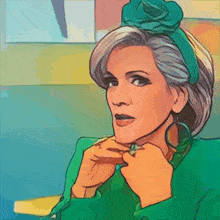 a cartoon drawing of a woman wearing a green dress