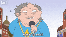 a cartoon character says fight to the death in front of a microphone