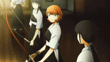 a group of anime girls are practicing archery with their bows and arrows