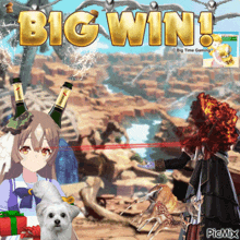 a picture of a girl and a dog with the words big win on it