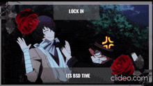 a man with a bandage on his arm is surrounded by red roses and a sign that says lock in