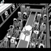 a black and white drawing of a group of people sitting in chairs