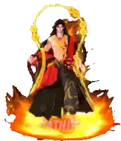 a man in a red and black dress is standing in a fire