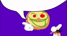 a cartoon character is pointing at a pizza with a speech bubble above it .