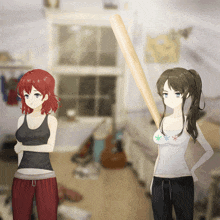 two anime girls are standing next to each other with one holding a baseball bat
