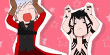 two anime characters are standing next to each other with their hands on their head .