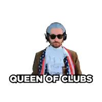 a man holding a playing card with the words queen of clubs written below him