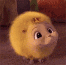 a yellow stuffed animal is standing on a carpet .
