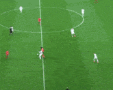 a group of soccer players are playing on a field and one of them is wearing a red jersey with the number 21 on it
