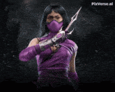 a woman in a purple outfit is holding a sword with pixverse.ai written in the corner