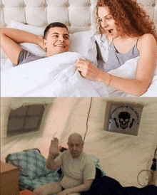 a picture of a man and a woman laying in bed with a sign that says " hot sauce sins of the world "