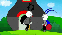 two cartoon characters are standing in front of a black building