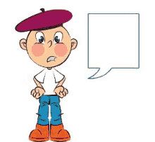 a cartoon boy wearing a purple beret and a speech bubble