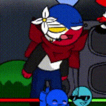 a cartoon character with a flower on his head is standing next to a speaker and a speaker .