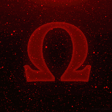 a red omega symbol on a black background with red dots