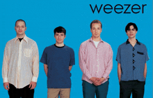 a group of men standing in front of a blue background with weezer written on the bottom