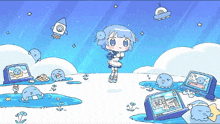 a cartoon drawing of a girl surrounded by computer monitors and a rocket