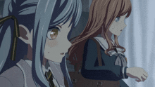 two anime girls are standing next to each other and one has a purse on her back